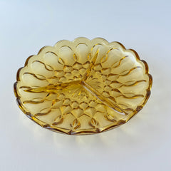 Vintage Anchor Hocking amber yellow Fairfield 3‑part relish dish with scalloped edge and geometric pressed‑glass pattern.