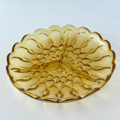 Vintage Anchor Hocking amber yellow Fairfield 3‑part relish dish with scalloped edge and geometric pressed‑glass pattern.