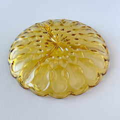 Vintage Anchor Hocking amber yellow Fairfield 3‑part relish dish with scalloped edge and geometric pressed‑glass pattern.