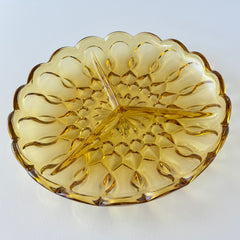 Vintage Anchor Hocking amber yellow Fairfield 3‑part relish dish with scalloped edge and geometric pressed‑glass pattern.