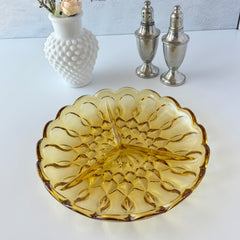 Vintage Anchor Hocking amber yellow Fairfield 3‑part relish dish with scalloped edge and geometric pressed‑glass pattern.