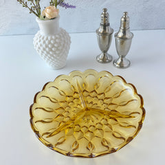 Vintage Anchor Hocking amber yellow Fairfield 3‑part relish dish with scalloped edge and geometric pressed‑glass pattern.