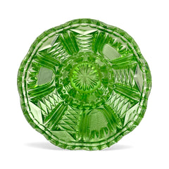 Vintage spring green pressed glass vase with scalloped rim and embossed geometric patterns, shown from various angles to highlight texture and translucence.