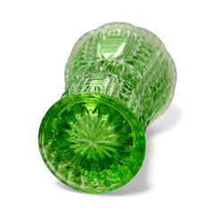 Vintage spring green pressed glass vase with scalloped rim and embossed geometric patterns, shown from various angles to highlight texture and translucence.