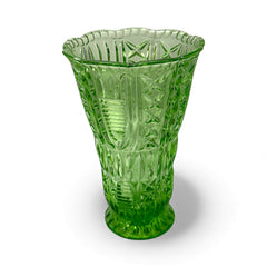 Vintage spring green pressed glass vase with scalloped rim and embossed geometric patterns, shown from various angles to highlight texture and translucence.