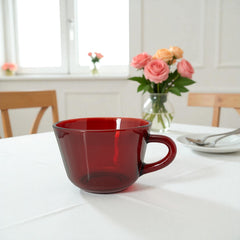 Vintage Anchor Hocking Royal Ruby Red glass creamer and cups set of 3, deep red translucent glass with glossy finish, shown in various angles to highlight design and condition.