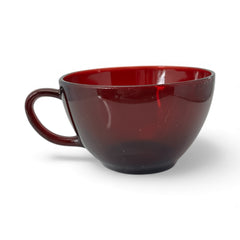 Vintage Anchor Hocking Royal Ruby Red glass creamer and cups set of 3, deep red translucent glass with glossy finish, shown in various angles to highlight design and condition.