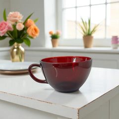 Vintage Anchor Hocking Royal Ruby Red glass creamer and cups set of 3, deep red translucent glass with glossy finish, shown in various angles to highlight design and condition.