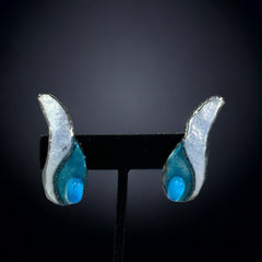 Vintage French Designer Andree Bazot Modernist Blue Enamel Earrings