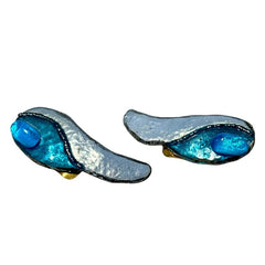 Vintage French Designer Andree Bazot Modernist Blue Enamel Earrings