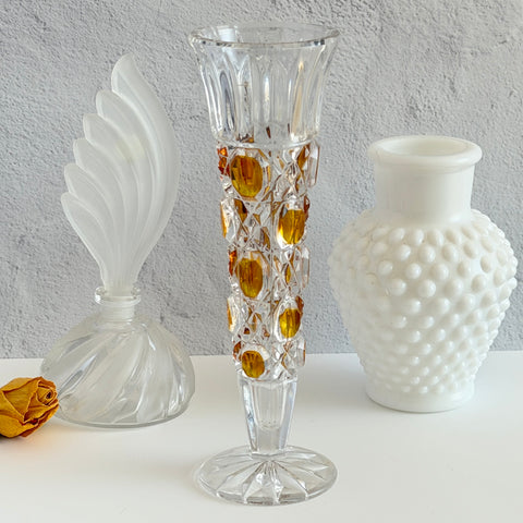 Clear cut‑crystal vase with honey‑colored octagonal accents, vintage Anna Hutte West Germany design, 8 inches tall.