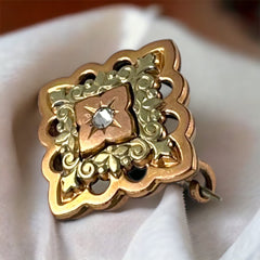 Antique French Rose & Yellow Gold Plated Square Brooch