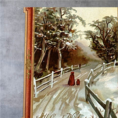 Antique 1910s embossed postcard featuring a snowy path with a person and child walking, framed by gilded orange-brown border; message reads “All Good Wishes for the New Year.