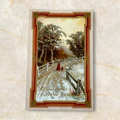 Antique 1910s embossed postcard featuring a snowy path with a person and child walking, framed by gilded orange-brown border; message reads “All Good Wishes for the New Year.