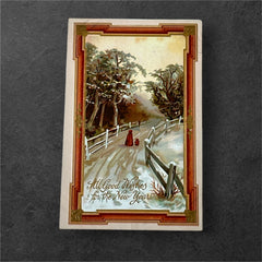 Antique 1910s embossed postcard featuring a snowy path with a person and child walking, framed by gilded orange-brown border; message reads “All Good Wishes for the New Year.