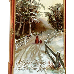 Antique 1910s embossed postcard featuring a snowy path with a person and child walking, framed by gilded orange-brown border; message reads “All Good Wishes for the New Year.