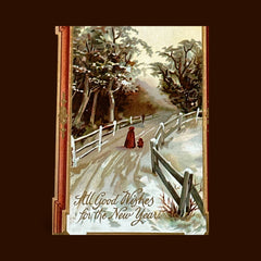 Antique 1910s embossed postcard featuring a snowy path with a person and child walking, framed by gilded orange-brown border; message reads “All Good Wishes for the New Year.