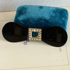Antique Czech black glass and rhinestone sash buckle with silver‑tone two‑part closure.