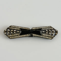 Antique Czech black glass and rhinestone belt buckle with two‑part silver‑tone construction.