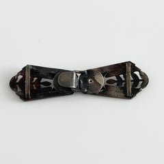 Antique Czech black glass and rhinestone belt buckle with two‑part silver‑tone construction.