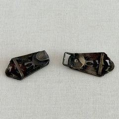 Antique Czech black glass and rhinestone belt buckle with two‑part silver‑tone construction.