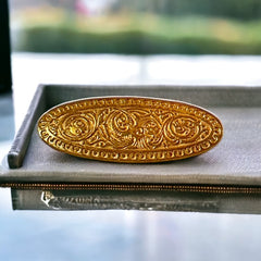 Antique French Engraved Gold Plated Oval Brooch