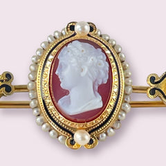 Rare Antique French Hard Stone Cameo 18K Gold Brooch