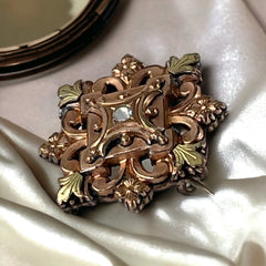 Antique French Rose & Yellow Gold Plated Ornate Floral Brooch