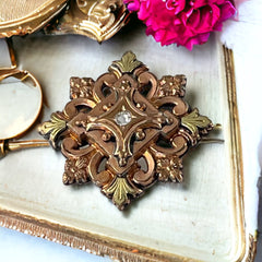 Antique French Rose & Yellow Gold Plated Ornate Floral Brooch