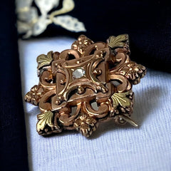 Antique French Rose & Yellow Gold Plated Ornate Floral Brooch