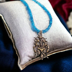 Antique French Silver Plated Floral Pendant Necklace with Blue Apatite Strand by Elisabeth Michel-Meyrueix