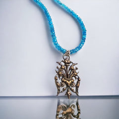 Antique French Silver Plated Floral Pendant Necklace with Blue Apatite Strand by Elisabeth Michel-Meyrueix