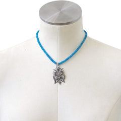 Antique French Silver Plated Floral Pendant Necklace with Blue Apatite Strand by Elisabeth Michel-Meyrueix