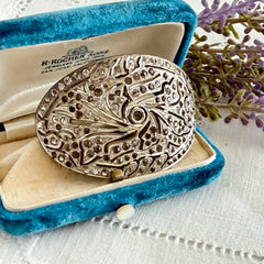 Large vintage 1920s Art Deco paste rhinestone floral shoe buckle with ornate pierced metalwork.