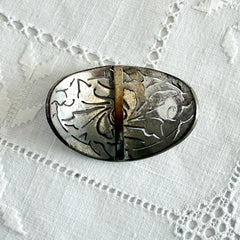 Large vintage 1920s Art Deco paste rhinestone floral shoe buckle with ornate pierced metalwork.