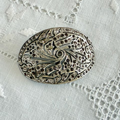 Large vintage 1920s Art Deco paste rhinestone floral shoe buckle with ornate pierced metalwork.