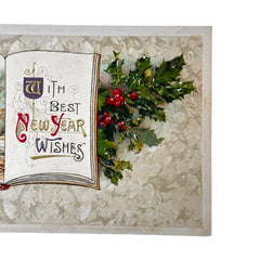 Antique embossed German New Year postcard from the 1910s featuring an open book with snowy countryside illustration, festive holly sprig, and ornate greeting text.