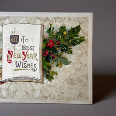 Antique embossed German New Year postcard from the 1910s featuring an open book with snowy countryside illustration, festive holly sprig, and ornate greeting text.