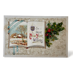 Antique embossed German New Year postcard from the 1910s featuring an open book with snowy countryside illustration, festive holly sprig, and ornate greeting text.