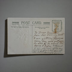 Antique embossed German New Year postcard from the 1910s featuring an open book with snowy countryside illustration, festive holly sprig, and ornate greeting text.