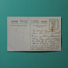 Antique embossed German New Year postcard from the 1910s featuring an open book with snowy countryside illustration, festive holly sprig, and ornate greeting text.