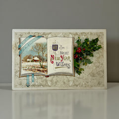 Antique embossed German New Year postcard from the 1910s featuring an open book with snowy countryside illustration, festive holly sprig, and ornate greeting text.
