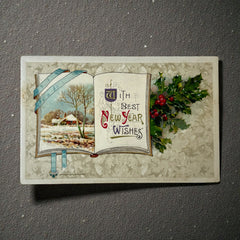 Antique embossed German New Year postcard from the 1910s featuring an open book with snowy countryside illustration, festive holly sprig, and ornate greeting text.