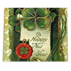 Antique 1913 New Year postcard featuring embossed four-leaf clovers, gilded scroll with greeting, and red seal motif; preserved message on reverse, marked Made in Saxony.