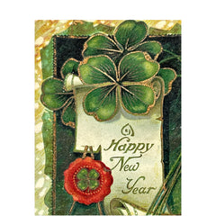 Antique 1913 New Year postcard featuring embossed four-leaf clovers, gilded scroll with greeting, and red seal motif; preserved message on reverse, marked Made in Saxony.