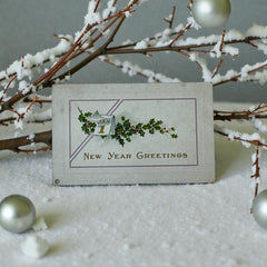 Embossed vintage New Year postcard with holly leaves and berries framing a gold “JAN 1” calendar; “New Year Greetings” printed in gold below. Made by Stechler Litho Co., postmarked December 1920.