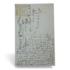 Embossed vintage New Year postcard with holly leaves and berries framing a gold “JAN 1” calendar; “New Year Greetings” printed in gold below. Made by Stechler Litho Co., postmarked December 1920.