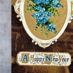 Antique 1910s New Year postcard featuring embossed blue forget-me-not flowers in a gold-gilded oval frame, set against a textured brown background resembling crocodile skin; elegant and well-preserved with handwritten 1913 message on reverse.
