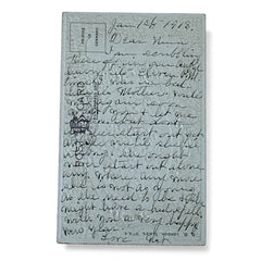 Antique 1910s New Year postcard featuring embossed blue forget-me-not flowers in a gold-gilded oval frame, set against a textured brown background resembling crocodile skin; elegant and well-preserved with handwritten 1913 message on reverse.