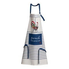 Eco-friendly French kitchen apron featuring a stylized rooster and Eiffel Tower illustration with the phrase 'French Cocorico' on a white background with blue stripes and matching blue ties.